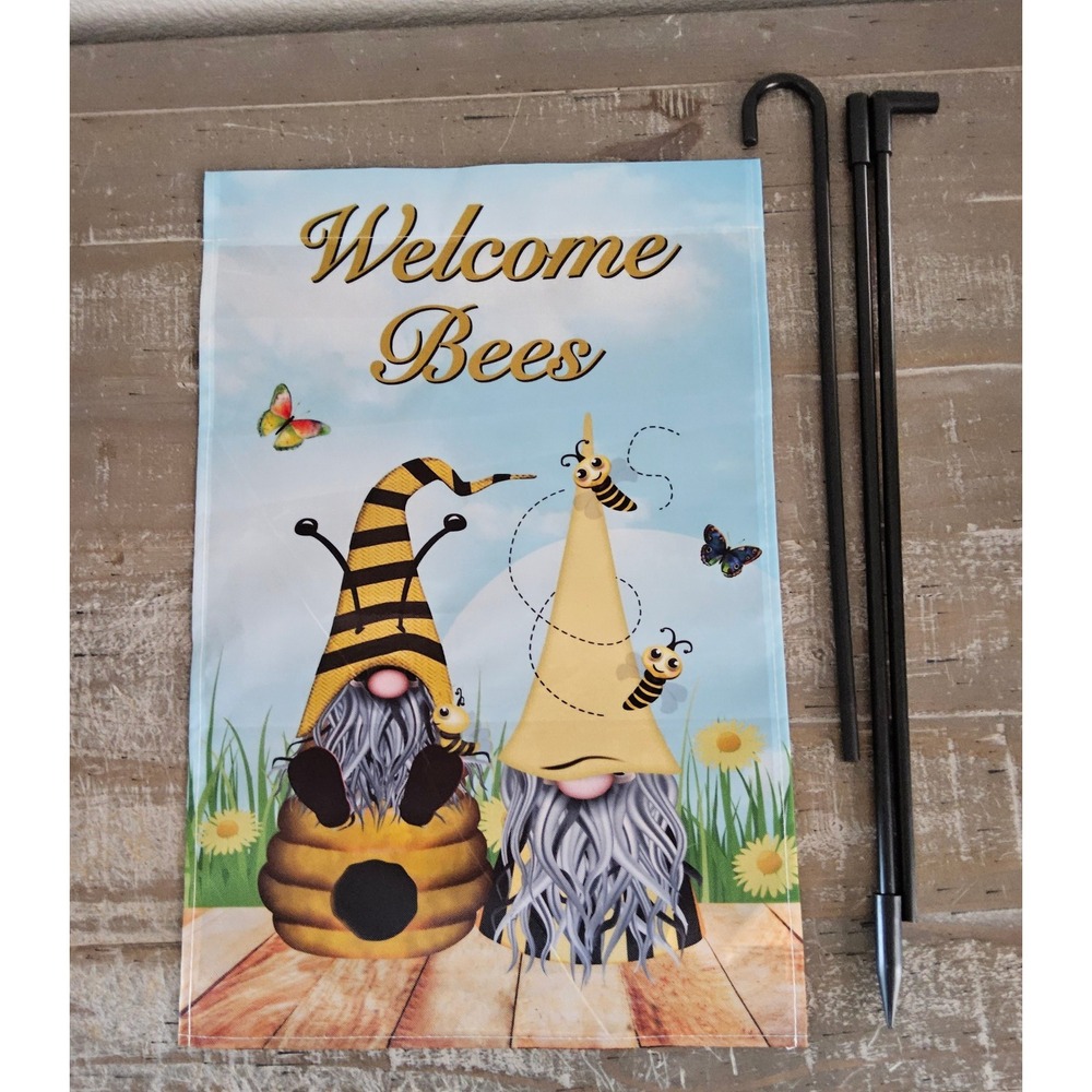 Welcome Bees‎ Gnome Garden Flag Double Sided Bee Spring Summer Yard Decor